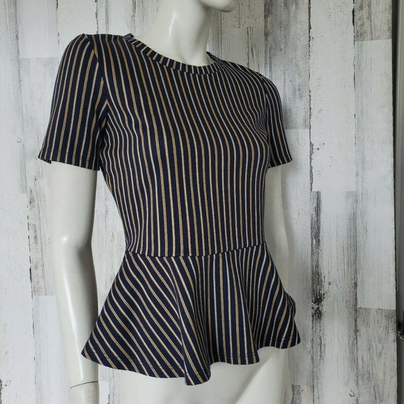 Zara | Short Sleeve Peplum Striped Fitted Top Shirt - Picture 6 of 6